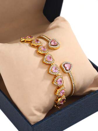 Fashionable Classic Pink Heart Bracelet, Bangle, Women's Jewelry Set For Valentine's Day, Party, Suitable As Sentimental Gift For Friends And Family