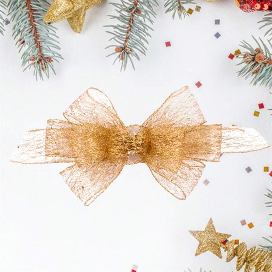 Adorno de lazo para árbol de Navidad, romántico lazo de tul transparente, decoración para San Valentín, manualidades, bodas, fiestas y eventos. - oro - Ver 1