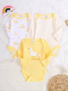 DILAVEL Bộ 3 áo liền quần cho bé gái mùa xuân/hè, phù hợp cho bé từ 0-9 tháng tuổi, mặc ngoài trời với họa tiết thêu hình vịt. - Màu vàng - Xem 1