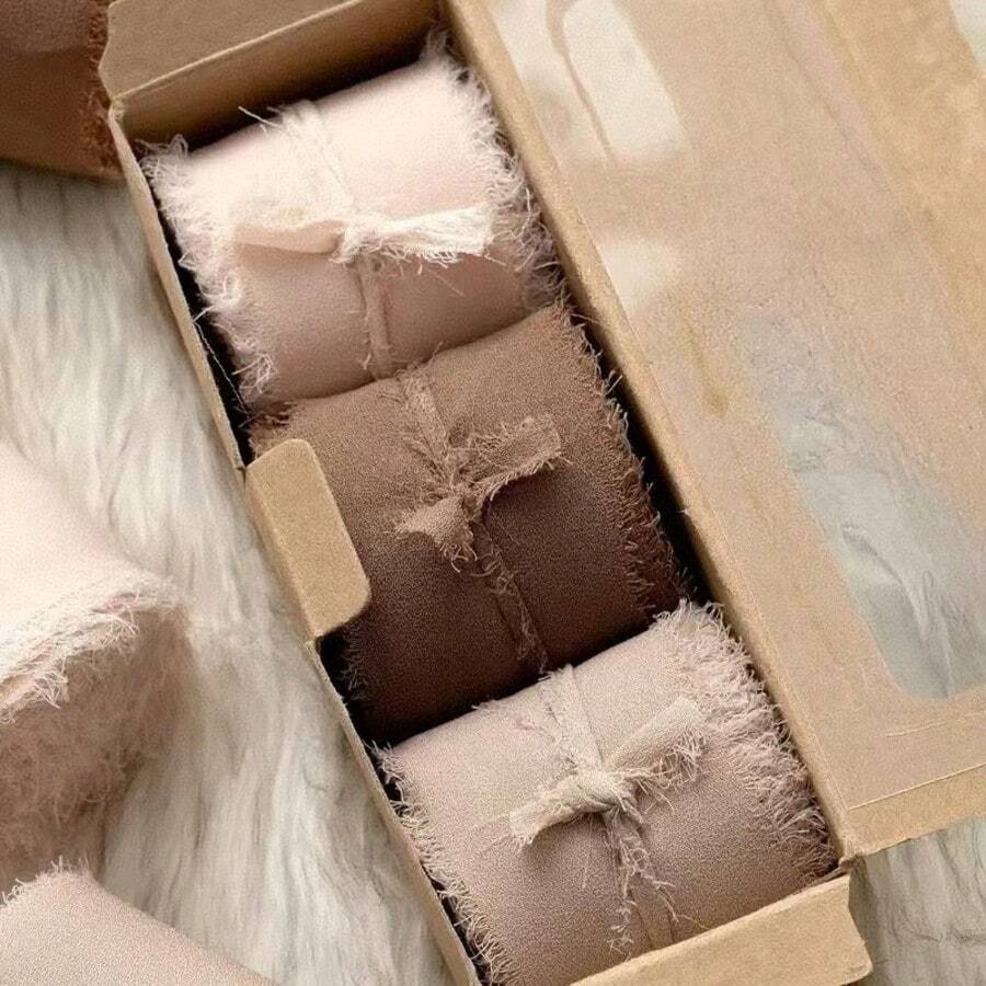 3 rollos de 4*500cm de cintas de tela de color café y rosa claro para envolver regalos y decoración - Tez café rosa claro 3 volúmenes - Ver 1