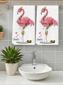 2Pcs Microfiber Cute Tea Towel Pink Flamingo Martini Glass Cheers Pattern Hand Towels For Coffee Bar & Everyday Use - Rose Red - View 5