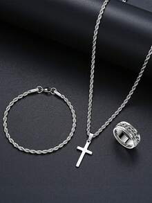 7pcs/Set ,3pcs/Set ,2pcs/Set Men's Cross Pendant Necklace, Hollow Chain Bracelet, And Ring Set, Stainless Steel, Non-Allergenic, Non-Fading, Sports, Business, Luxury Casual Gifts - Multicolor - View 12