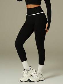 UONNOU Set sport 2 buc pentru femei, top cu mânecă lungă și pantaloni, modelator de talie, modelator de talie, subțiere a picioarelor, linii contrastante ale pieptului, orificiu pentru degetul mare, tiv scurt, moale și confortabil, potrivit pentru sporturi în aer liber, yoga, fitness, casual, viața de zi cu zi, serviciu, cumpărături, petreceri și sărbători, îmbrăcăminte sport la modă, toate anotimpurile, primăvară/vară - Negru - Vizualizare 8