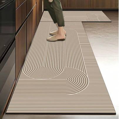 1pc Silica Gel Kitchen Mat With Abstract Geometric Pattern In White Lines, Including Arcs And Circles, Presenting A Minimalist Japanese Wabi-Sabi Style, Luxury Fashion Kitchen Mat With Cushion And Anti-Fatigue, Surface Fabric Material, Middle Sponge Absorbent Material, Bottom Rubber Material Non-Slip And Easy To Clean Kitchen Rug