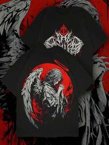 Men's Gothic Punk Style Graphic T-Shirt, Avant-Garde Urban Streetwear Short Sleeve Top - Black - View 4