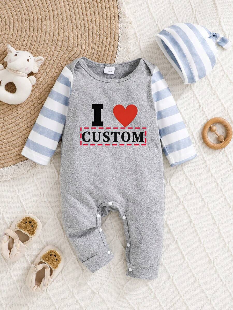 [Custom] Infant Long Sleeve Romper Set, "I Love My..." - Customizable Name, Soft & Comfortable For Baby's Skin, New Autumn/Winter Crawling Suit, Machine Washable, Knitted Fabric, With Hood - Grey - View 1