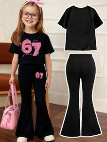 Conjunto de camiseta de manga corta con estampado numérico y pantalones pitillo acampanados para niña - Negro - Ver 2