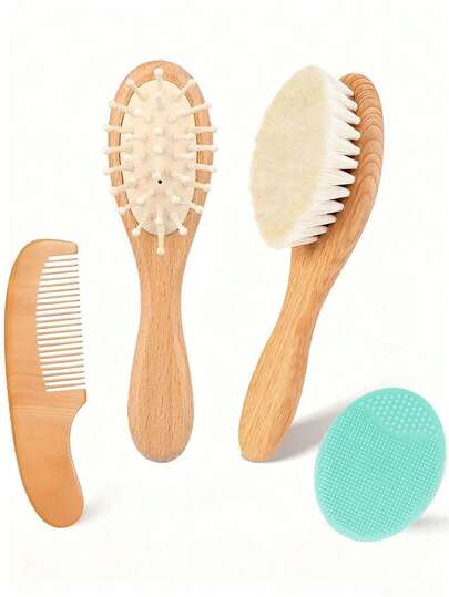 4pcs Baby Brush Set - Soft Bristle Brushes With Natural Wooden Handle, Newborn Care Kit, Essential Baby Items, Helps Remove Cradle Cap