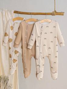 Lurzo 3 Styles Minimalist Cute All-Over Print Teddy Bear Rainbow Stripe Pattern Round Neck Long Sleeve Jumpsuit, Openings At Legs And Ankles, Suitable For Spring And Autumn Baby Girls, Front Snap Design For Easy On And Off, Multiple Styles, Perfect As Baby Gift - Multicolor - View 3