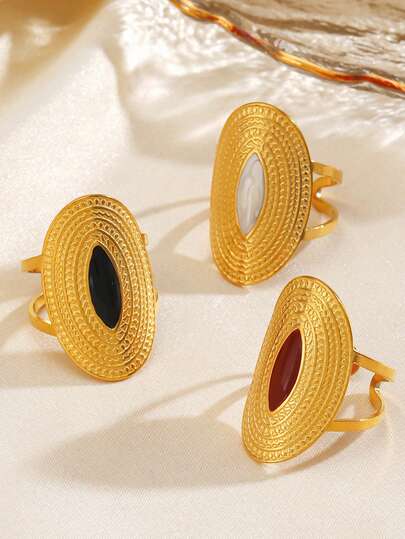 خاتم بيضاوي من الفولاذ المقاوم للصدأ بتصميم أنيق باللون الأسود والأبيض والأحمر، مناسب للنساء للاستخدام اليومي