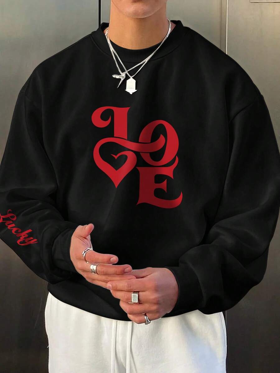 男士休闲日常圆领长袖宽松卫衣，印有情书图案，适合春秋季穿着。 - 黑色 - 查看 1