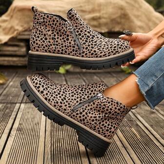 Women's Leopard Print Zipper Platform Ankle Boots, Fashion Party Wear, Spring/Autumn