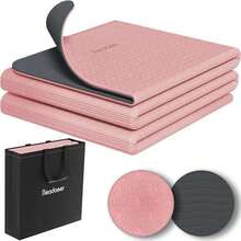 Travel Foldable Yoga Mat for Pilates and Exercise, Non-Slip TPE with Carrying Bag - Rosado y gris - Ver 2