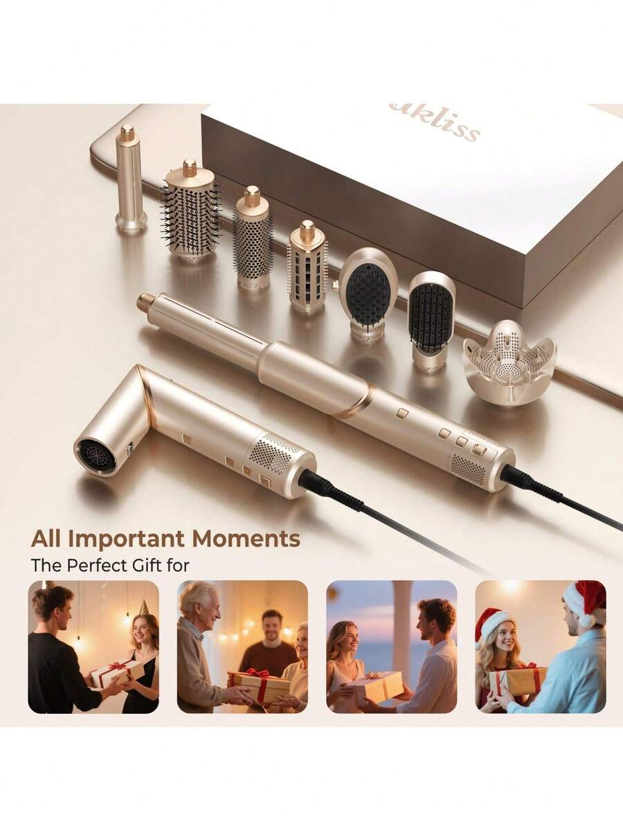 UKLISS 圣诞礼物：8合1离子美发造型梳，可折叠吹风机，带卷发、直发和蓬松造型配件，快速干发，温和护发 - 香檳色 - 查看 1