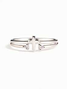 1 chiếc nhẫn hình thánh giá đính đá Cubic Zirconia thanh lịch, kiểu dáng nữ, thích hợp cho đám cưới, lễ đính hôn, kỷ niệm, tiệc tùng, cũng có thể là quà tặng ngày Valentine. - Bạc - Xem 2