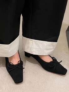 2026 Spring New Retro Square Toe High Heel Pumps Women, Black Low Vamp Ballet Bowknot Loafers, Suede Leather, Elegant Elegant Versatile Mid Heel Shoes - Black - View 4