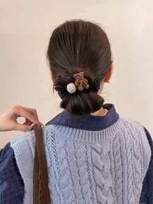 2个/1个波西米亚豹纹小熊毛绒发圈，优雅高马尾发绳，发饰，发圈，橡皮筋，发绳