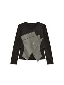 不对称拼接圆领长袖T恤，独特设计，修身休闲上衣，春季款 - 黑色 - 查看 6