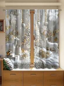 2pcs/Set Christmas Snowman Window Curtains, Home Living Room Decor Sheer Curtains, Thin Fabric Semi-Transparent Curtains For Privacy In Bedroom & Living Room - Champagne - View 13