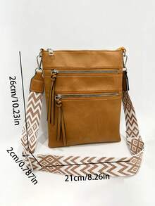 Fashionable Retro Style Crossbody Bag For Women, Multi-Pocket Design With Zipper Pockets, Geometric Wide Shoulder Strap, Essential Stylish Item For Daily Commute - Brown - View 3