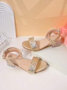 New Arrival! Girls' Gold Sequin High Heel Sandals, Transparent Square Heel Princess Shoes, Non-Slip Strap - Gold - View 6