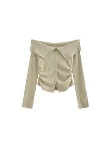 Fashionable Off Shoulder Knit Sweater, Long Sleeve, Slim Fit, Cropped Top, Autumn - Oatmeal - View 5