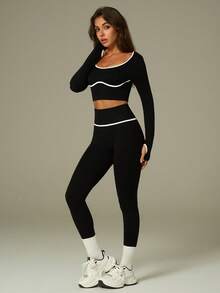 UONNOU Set sport 2 buc pentru femei, top cu mânecă lungă și pantaloni, modelator de talie, modelator de talie, subțiere a picioarelor, linii contrastante ale pieptului, orificiu pentru degetul mare, tiv scurt, moale și confortabil, potrivit pentru sporturi în aer liber, yoga, fitness, casual, viața de zi cu zi, serviciu, cumpărături, petreceri și sărbători, îmbrăcăminte sport la modă, toate anotimpurile, primăvară/vară - Negru - Vizualizare 10