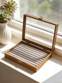 1个带透明盖的大号木质首饰盒，带锁首饰展示盒，大容量首饰托盘，适用于耳环、项链、戒指、吊坠、手镯、珠宝、化妆品、指甲油、口红、手表等——送给女性的绝佳礼物