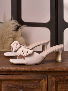 女士高跟绑带凉鞋，蝴蝶结露趾舒适百搭拖鞋 - 粉色 - 查看 2