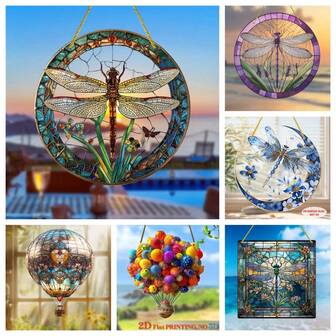 Atrapasol de libélula plana 2D - Decoración colgante de ventana de vidrio de color acrílico de 6x6 pulgadas, regalo perfecto para mujeres, adecuado para decoración del hogar y el porche, se puede usar como corona, regalo de inauguración de la casa, placa redonda, estilo de arte decorativo, tema de insectos