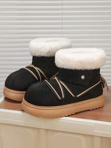 Men's Thick Sole Warm Fur Lined Snow Boots With Lace-Up Closure, Winter New Arrival - Black - View 7