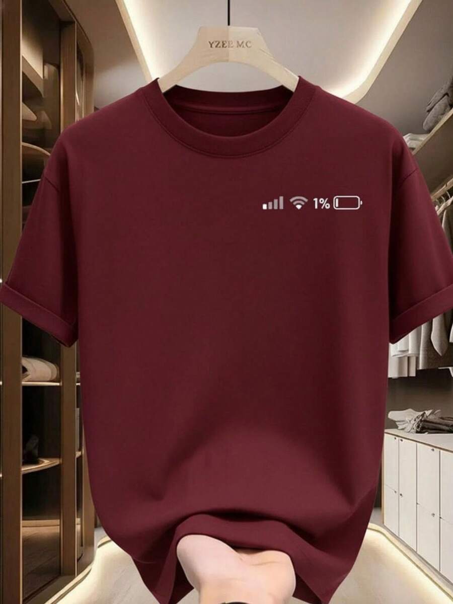 Men's T-Shirt With Stylish Low Battery Print - Stylish Burgundy T-Shirt For Gym, Streetwear And Casual Looks, Breathable Crew Neck, Summer Workout Top, Durable Material, Short Sleeve, Ideal For Fitness Enthusiasts - Màu Tím - Xem 1