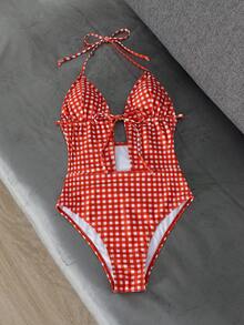 PEPPERMOLLY 2026 Spring/Summer New Vintage Red Plaid Lace-Up One-Piece Swimsuit - Ruched Bust Design, Sexy Fitted, Suitable For Beach And Pool Wear - Red - View 9