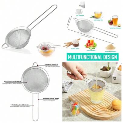 Colador de cocina de malla fina de acero inoxidable, mini tamiz para cócteles, té, café y jugo con mango de 3.35 pulgadas en color plateado