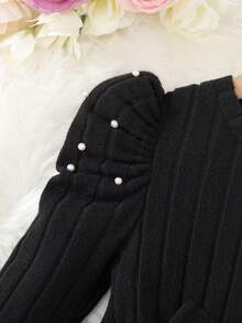 Young Girl Casual Knit Velvet Striped Beaded Shoulder Long Sleeve Round Neck Bow Patchwork Contrast Color Floral Print A-Line Hem Dress, Suitable For Daily, Home, Outdoor, Sports, Spring/Autumn - Black and White - View 6