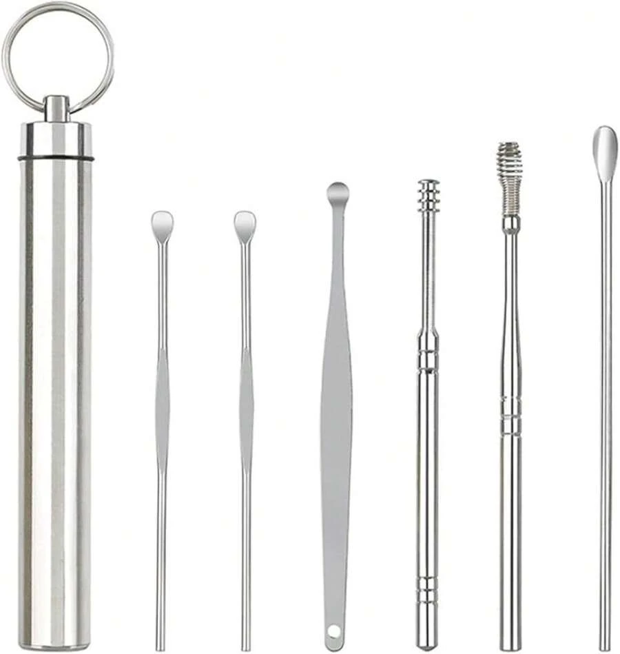 6pcs Spring Earwax Cleaner Tool Set - Spiral Design Stainless Steel Ear Picks ,Stainless Steel Ear Pick Set With Keychain Box,Ear Wax Removal Kit For Ear Adult… - Thép không gỉ A màu trắng bạc - Xem 1