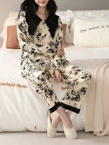 Bộ đồ ngủ nữ 2 món, áo dài tay và quần, thích hợp cho mùa xuân/thu, áo khoác cardigan cổ chữ V in hình bướm và nhuộm tie-dye, bộ đồ mặc nhà thời trang. - Đen và trắng - Xem 1