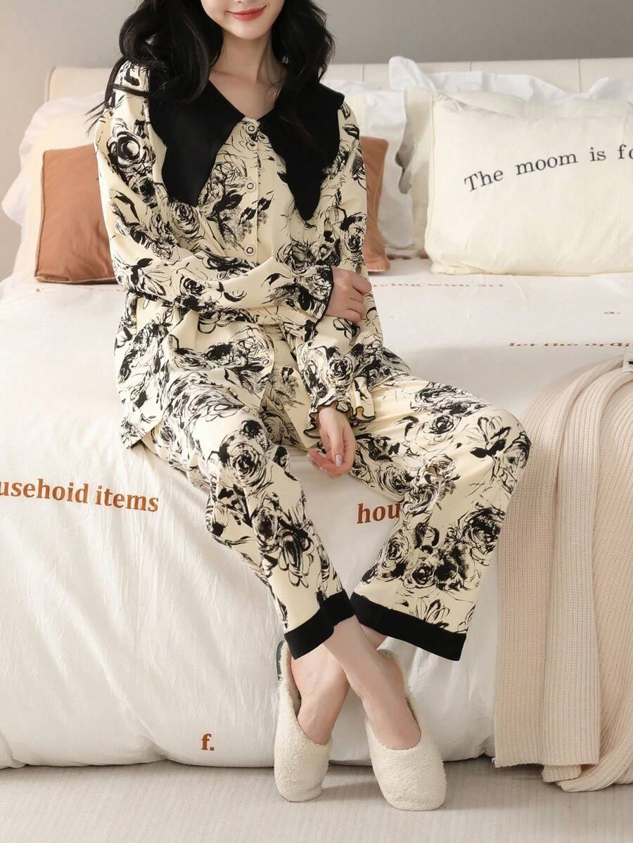 Bộ đồ ngủ nữ 2 món, áo dài tay và quần, thích hợp cho mùa xuân/thu, áo khoác cardigan cổ chữ V in hình bướm và nhuộm tie-dye, bộ đồ mặc nhà thời trang. - Đen và trắng - Xem 1