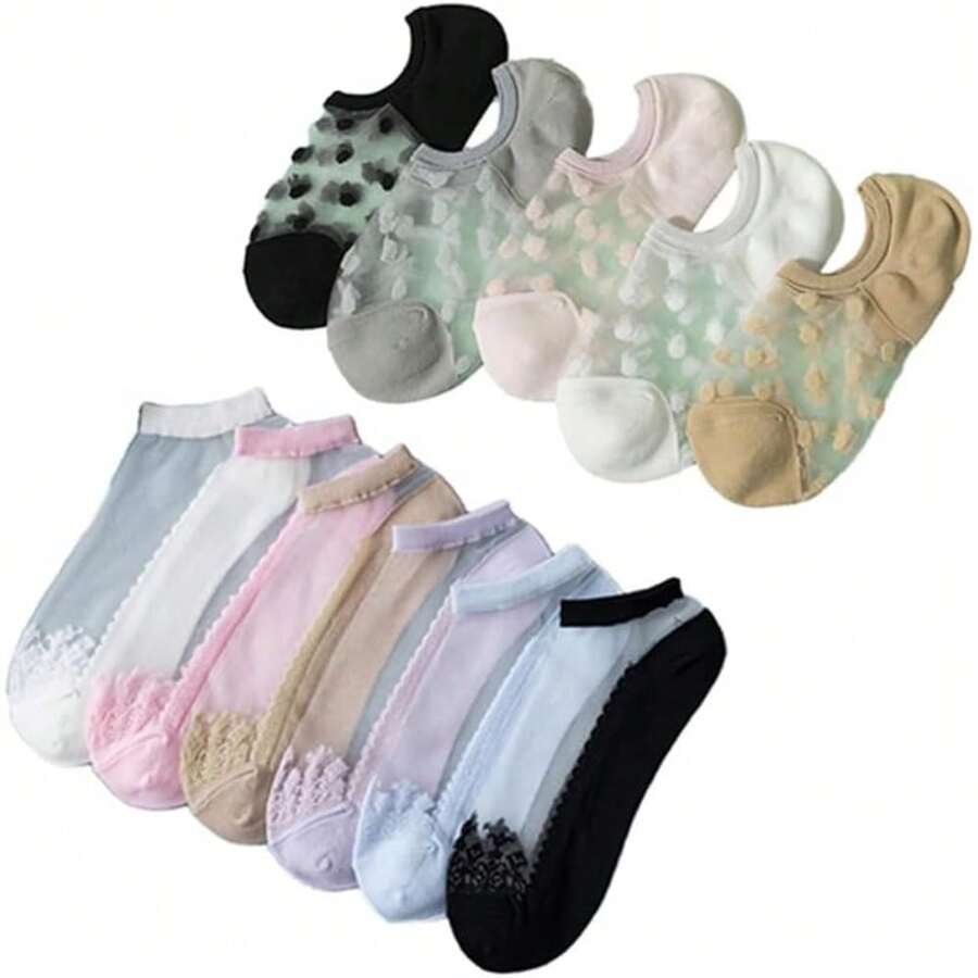 6 Pairs Womens Sheer Transparent Casual Socks Ultrathin Mesh Socks, Ultrathin Crystal Socks, Anti-Slip Ankle Socks, Cute Women Socks, For Dancing, Wedding, Dress, Party - 11 pares - Ver 1