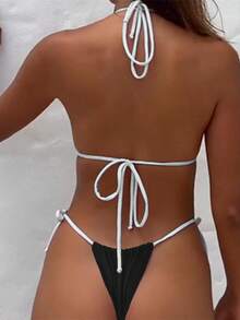 PEPPERMOLLY 全新柔软材质纯色露背蝴蝶结比基尼性感女士夏季沙滩泳装套装