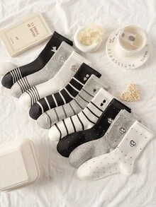 3 Pairs/9 Pairs Women's Regular Striped, Heart, Cartoon Pattern Soft Comfortable Mid-Calf Socks, Spring - Multicolor - View 1