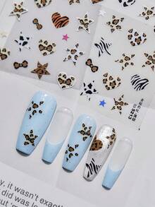 1 pieza Lindo y elegante adhesivo de arte de uñas con estampado de leopardo, esencial para técnicos de uñas, diseño 3D en relieve con estampado de leopardo rosa, azul y marrón, corazón y lazo, adhesivo de uña reutilizable para manualidades DIY, regalo para mujeres, suministros de arte de uñas, accesorio elegante - Multicolor - Ver 3
