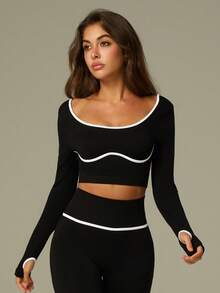 UONNOU Set sport 2 buc pentru femei, top cu mânecă lungă și pantaloni, modelator de talie, modelator de talie, subțiere a picioarelor, linii contrastante ale pieptului, orificiu pentru degetul mare, tiv scurt, moale și confortabil, potrivit pentru sporturi în aer liber, yoga, fitness, casual, viața de zi cu zi, serviciu, cumpărături, petreceri și sărbători, îmbrăcăminte sport la modă, toate anotimpurile, primăvară/vară - Negru - Vizualizare 7