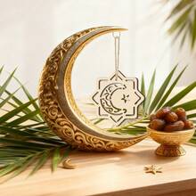 1 Peça Decoração Pendente Criativa para Festa Islâmica, Decoração Pendente Lua e Estrela Vazada na Cor Natural da Madeira, Decoração de Ramadã, Suprimentos de Festa Muçulmana e Islâmica, Decoração de Parede e Janela para Casa - Multicolorido - Visão 6