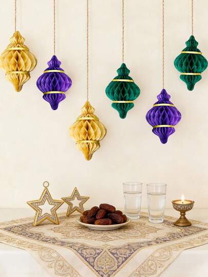 3pcs-Paper Honeycomb Ball Pendant, Star & Moon Shaped Hanging Decorations, Creative Elegant Lantern Xmas Decorations Geometric Hollow Hanging Ornaments, Moon Festival Decorations, Winter Home Decor, Eid Mubarak, Ramadan Decor