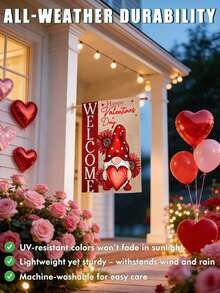 1 pieza Bandera de jardín del Día de San Valentín, bandera de bienvenida de poliéster de doble cara, diseño de gnomo con corazón, decoración exterior de arpillera impermeable, 12x18 pulgadas, con uso multipropósito para el hogar, el porche, el patio - Multicolor - Ver 6