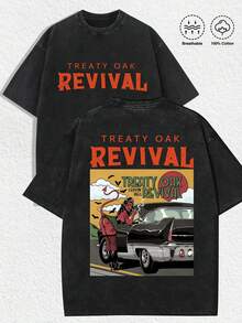 1 PCS "Retro Distressed Aesthetics Front Weathered Orange 'TREATY OAK REVIVAL' Typography & Back Same Typography + Vintage Comic-Style Illustration (Red-Haired Demon Figure, Classic Sedan, Bat Accents, Sunlit Background) + 'LEAVIN' HELL' Phrase" Print Black T-Shirt, 100% Cotton Unisex Oversized Fit Tee, Spring/Summer Casual Wear, Christmas Casual Gatherings, Street Style Hangouts, Music Festival Outings, Youthful Fashionable Design, Excellent Gifts For Friends & Fashion Enthusiasts, Urban Fashion, Daily Leisure - 黑色 - 查看 1