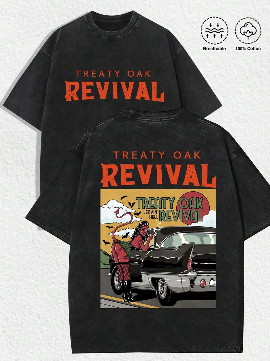1 PCS "Retro Distressed Aesthetics Front Weathered Orange 'TREATY OAK REVIVAL' Typography & Back Same Typography + Vintage Comic-Style Illustration (Red-Haired Demon Figure, Classic Sedan, Bat Accents, Sunlit Background) + 'LEAVIN' HELL' Phrase" Print Black T-Shirt, 100% Cotton Unisex Oversized Fit Tee, Spring/Summer Casual Wear, Christmas Casual Gatherings, Street Style Hangouts, Music Festival Outings, Youthful Fashionable Design, Excellent Gifts For Friends & Fashion Enthusiasts, Urban Fashion, Daily Leisure - 黑色 - 查看 1