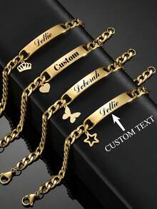 Customized Engraved Stainless Steel Bracelet, Charm Bracelet With Crown, Star, Heart And Butterfly - Personalized Curved ID Chain Gift For Birthday, Valentine's Day, Mother's Day, Thanksgiving - Multicolor - View 1