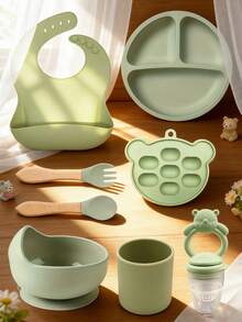 8pcs Baby Feeding Set, Silicone Tableware, Bib, Plate, Bowl, Cup, Fork & Spoon, Fruit & Vegetable Teether, Ice Tray - Multicolor - View 2